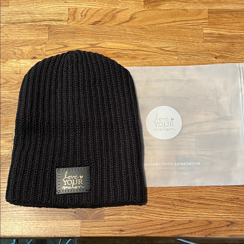 NWT Love Your Melon Black Ribbed Knit Beanie with Logo Patch